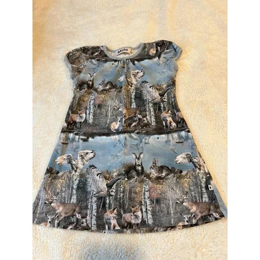 Molo Caras Brand Girls 2T-3T Grey Blue Forest Lake Print Short Sleeve Dress